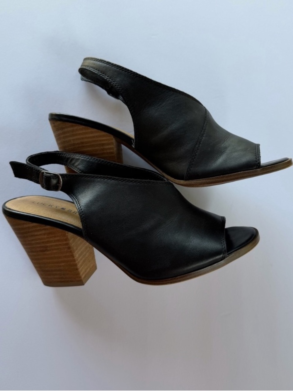 EUC LUCKY BRAND Black Leather Peep-Toe Slingback Block Heels-size 10